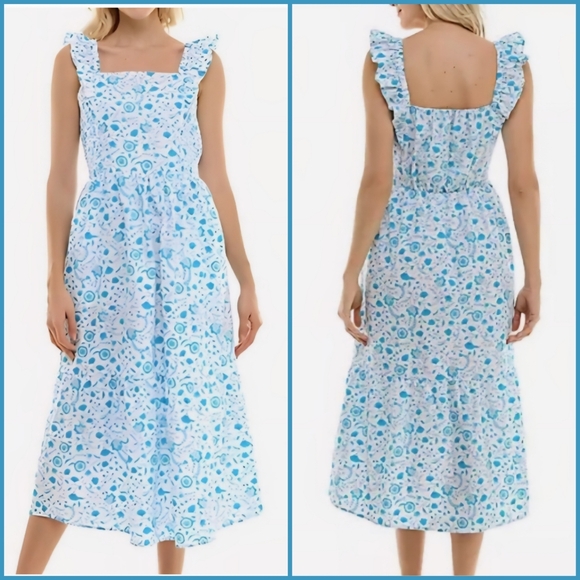 Draper James Blue Floral Print Flutter Sleeve Smocked Midi Sundress Like New - Picture 2 of 9